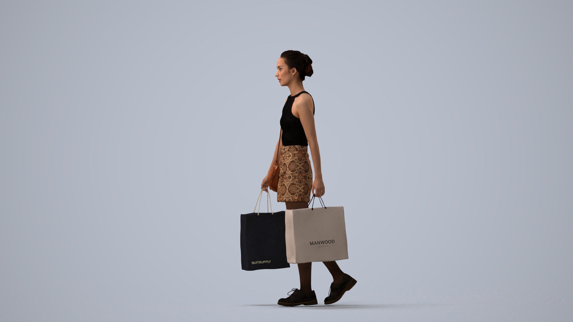 3D people model woman casual shopping, scanned human for 3ds Max rendering, three-quarter view render