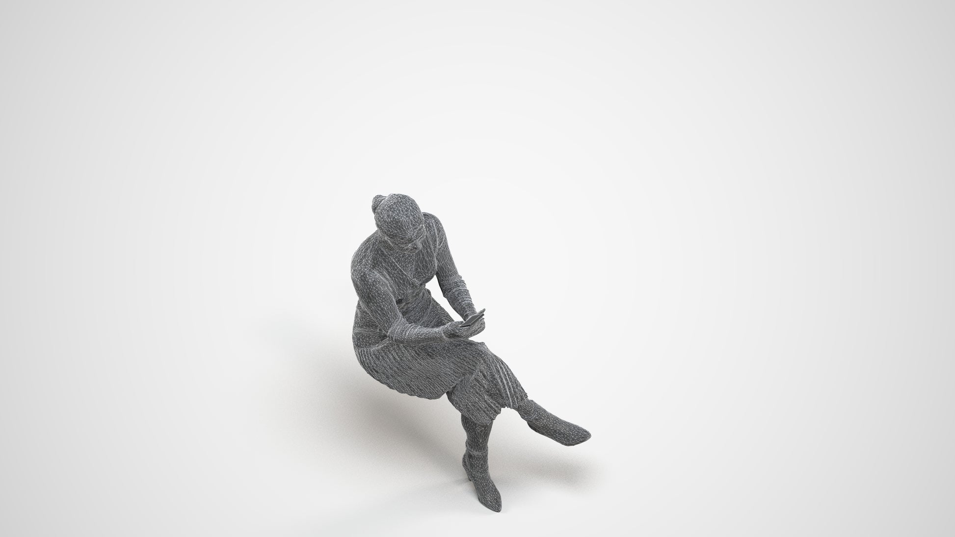 scanned 3D woman casual sitting, photogrammetry people for Enscape and V-Ray, wireframe three-quarter view