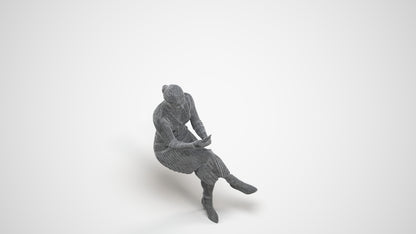 scanned 3D woman casual sitting, photogrammetry people for Enscape and V-Ray, wireframe three-quarter view