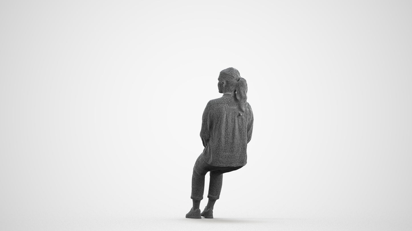 realistic 3D people woman casual sitting, render-ready for V-Ray and Corona, FBX OBJ, wireframe front view