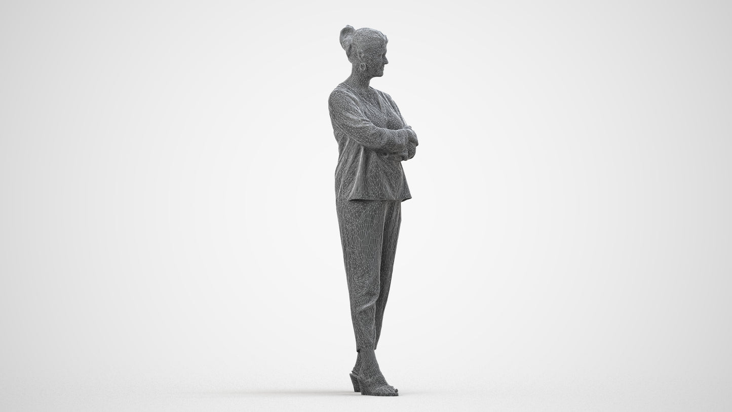 realistic 3D woman casual standing, scanned archviz people for Blender and 3ds Max, wireframe side view