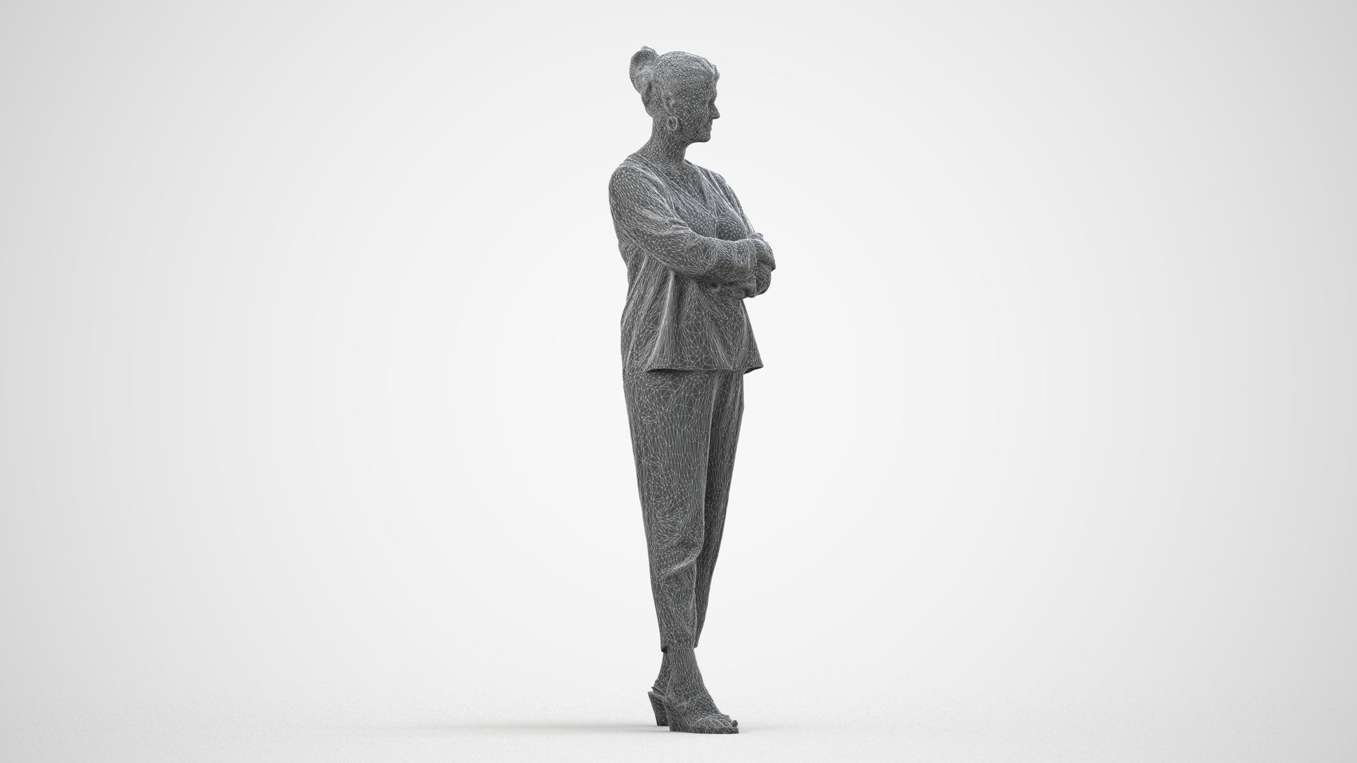 realistic 3D woman casual standing, scanned archviz people for Blender and 3ds Max, wireframe side view