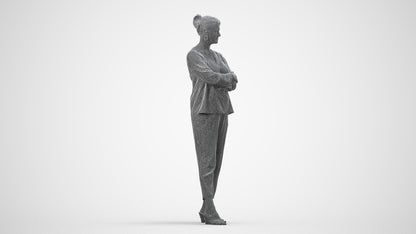realistic 3D woman casual standing, scanned archviz people for Blender and 3ds Max, wireframe side view