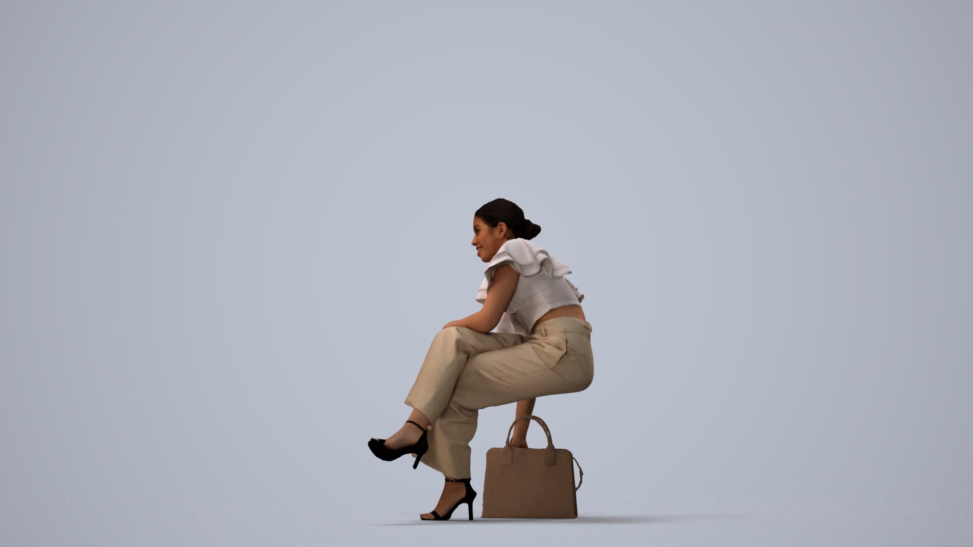 realistic 3D human woman casual sitting, archviz people FBX OBJ for Blender, three-quarter view render