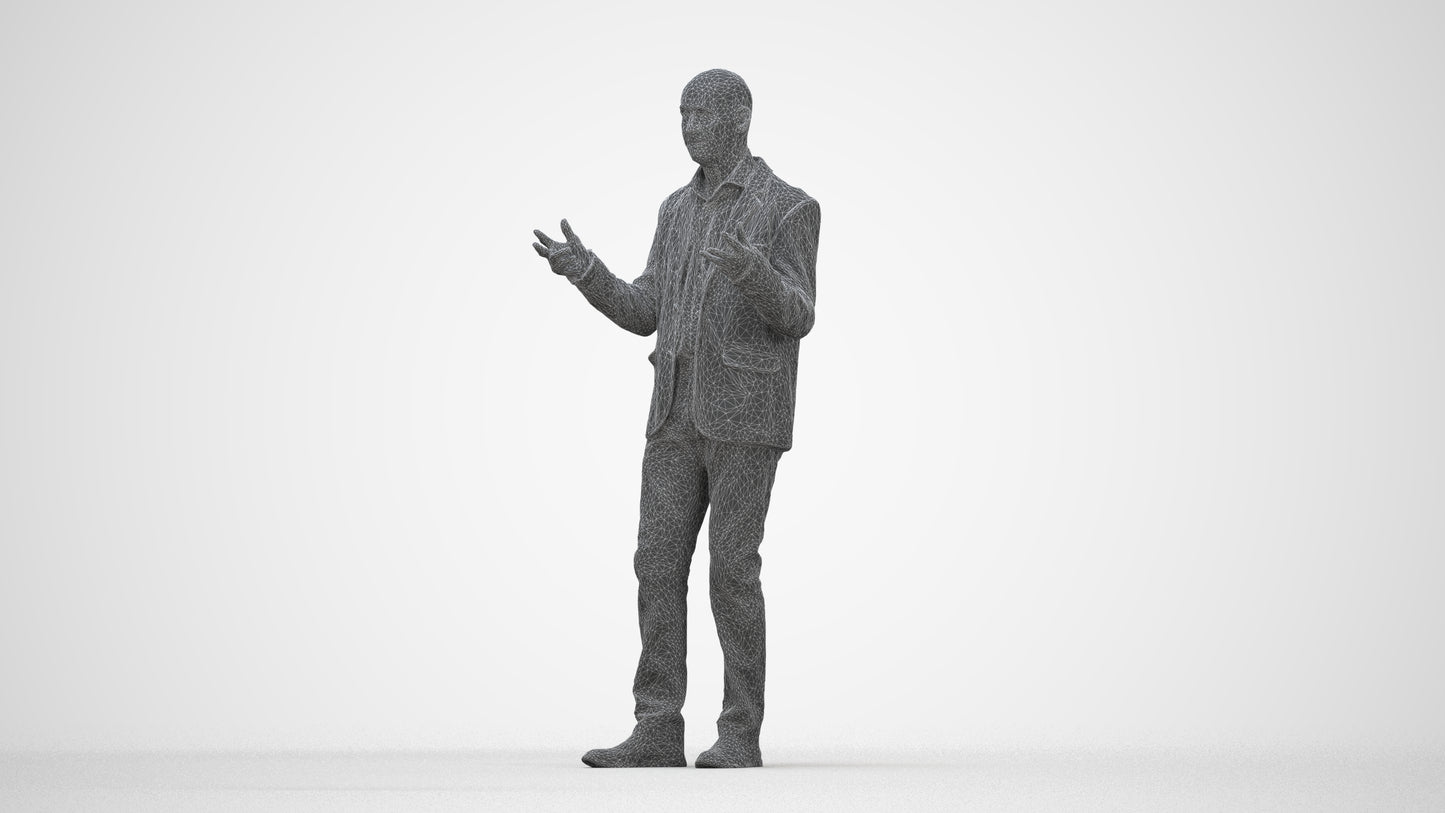 3D scanned senior man business, photorealistic archviz people for Enscape and SketchUp, wireframe back view