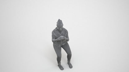 realistic 3D human woman casual sitting, archviz people FBX OBJ for Blender, wireframe three-quarter view