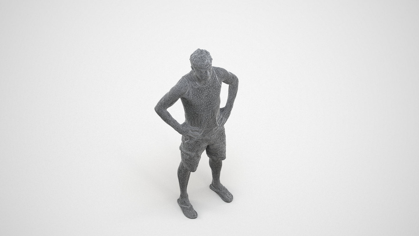 realistic 3D human man casual standing, archviz people FBX OBJ for Blender, wireframe three-quarter view