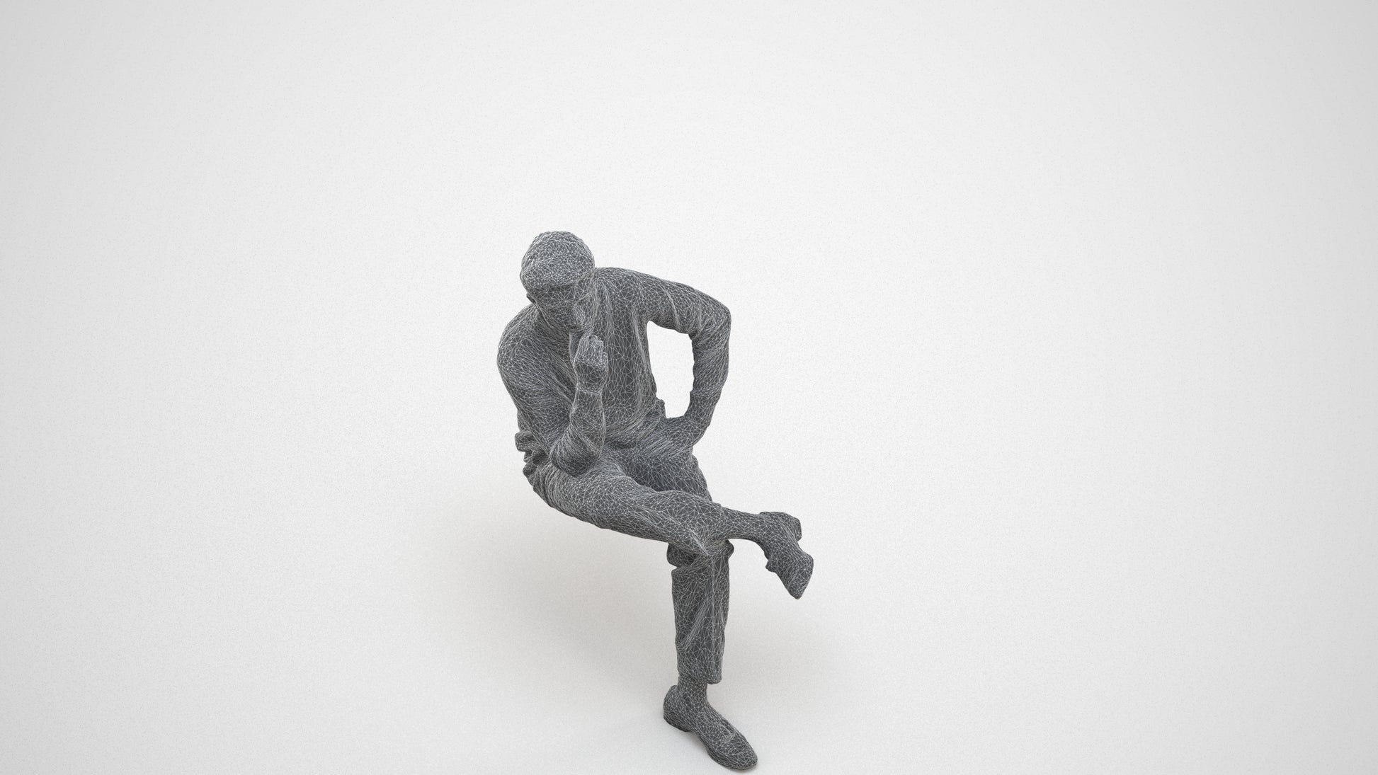 3D human model man casual sitting, photogrammetry scanned person for archviz, wireframe three-quarter view
