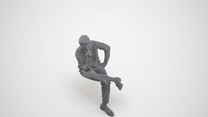 3D human model man casual sitting, photogrammetry scanned person for archviz, wireframe three-quarter view
