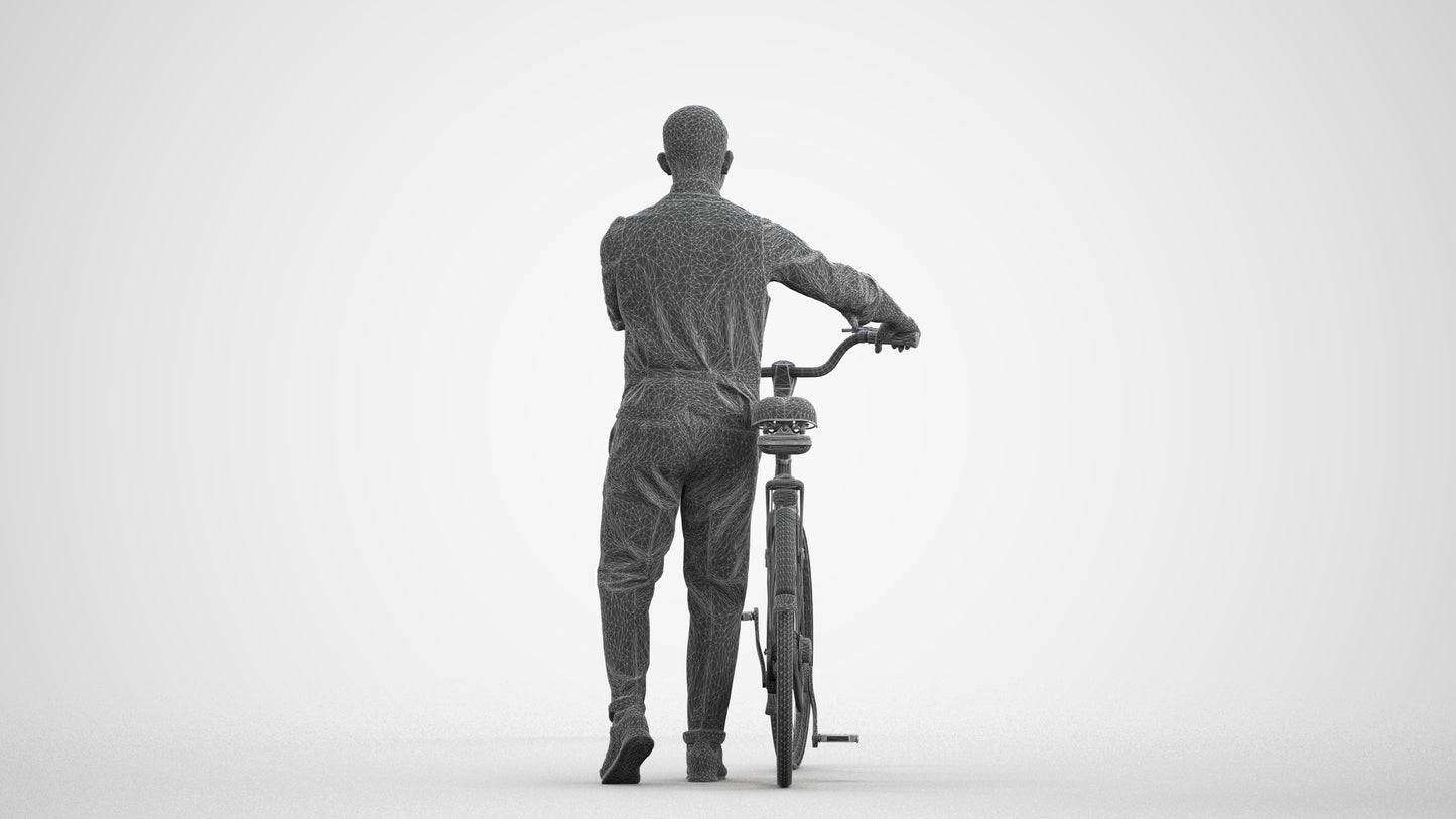 3D human model man business cycling, photogrammetry scanned person for archviz, wireframe front view