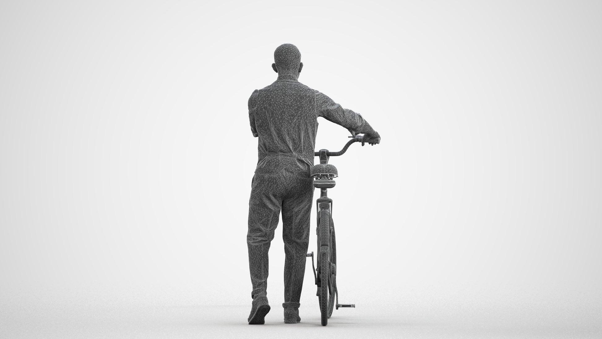 3D human model man business cycling, photogrammetry scanned person for archviz, wireframe front view