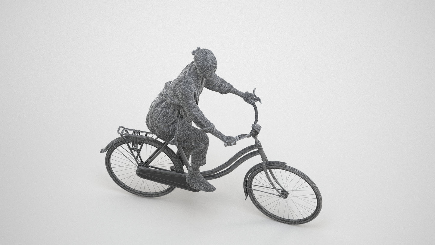 scanned 3D woman casual cycling, photogrammetry people for Enscape and V-Ray, wireframe three-quarter view
