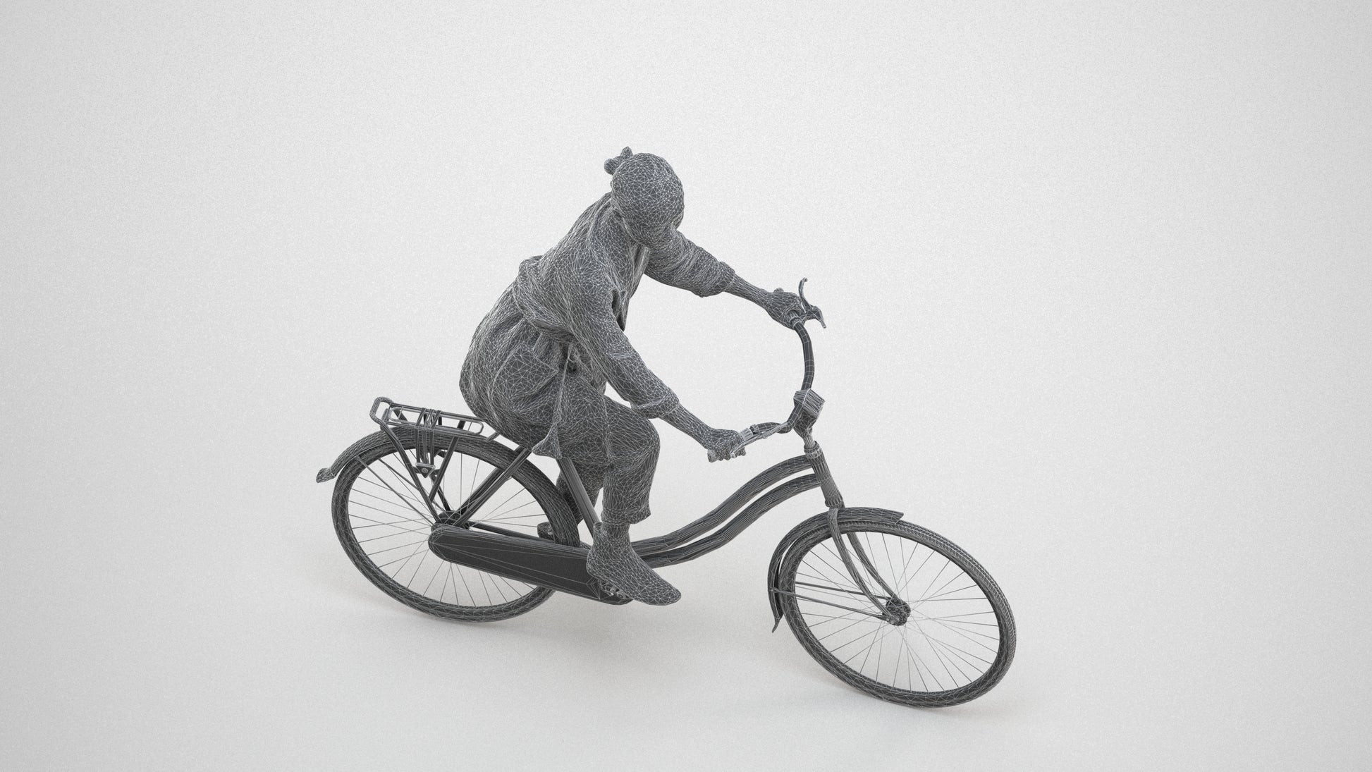 scanned 3D woman casual cycling, photogrammetry people for Enscape and V-Ray, wireframe three-quarter view