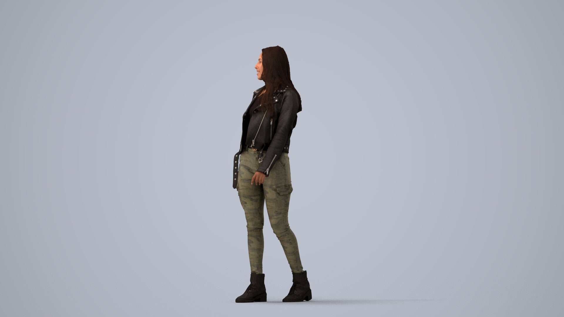 realistic 3D woman casual walking, scanned archviz people for Blender and 3ds Max, three-quarter view render