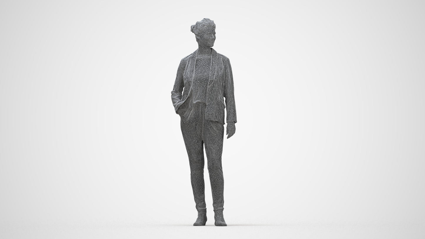 3D people model woman business standing, scanned human for 3ds Max rendering, wireframe back view
