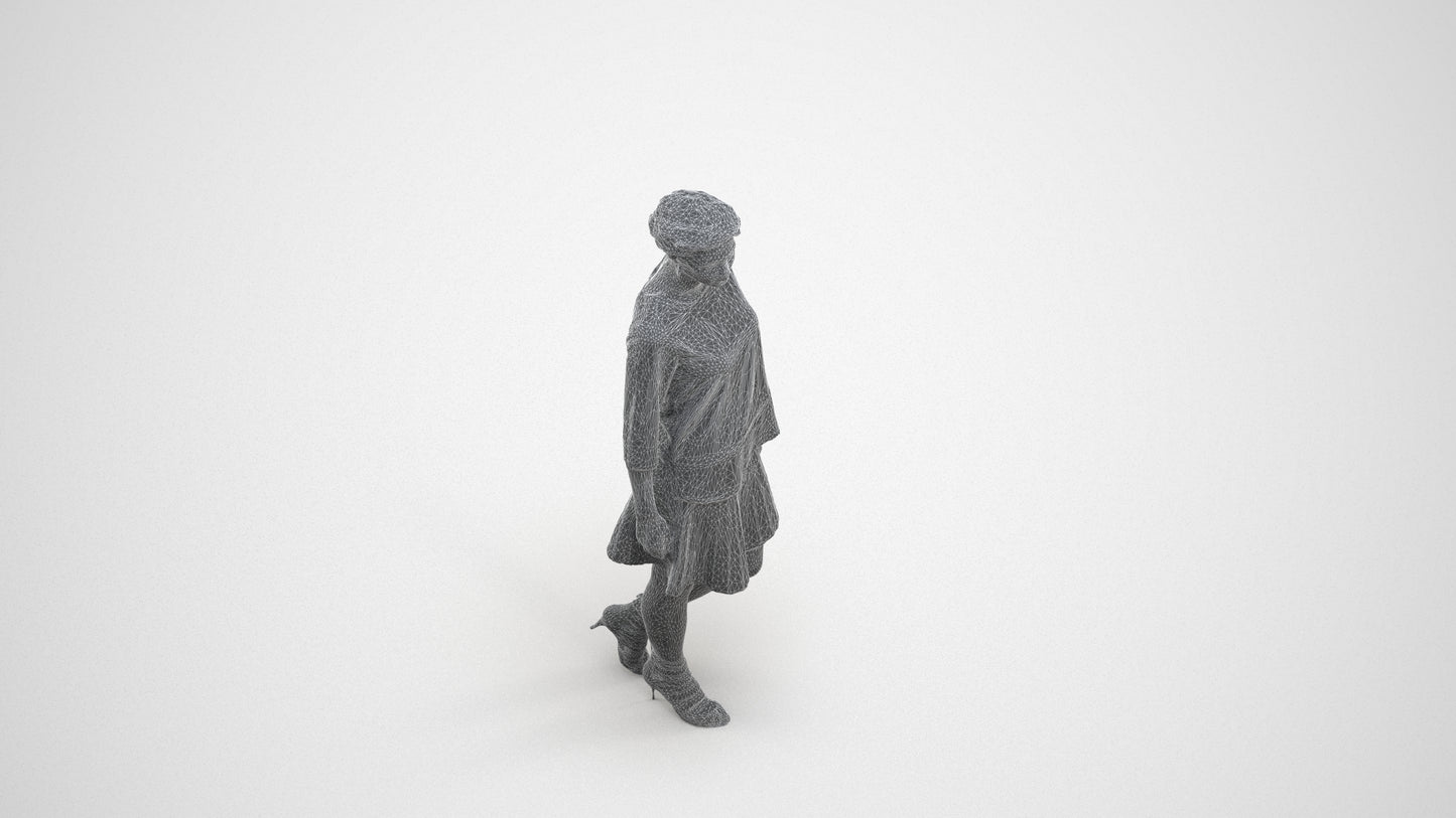 realistic 3D woman business standing, scanned archviz people for Blender and 3ds Max, wireframe three-quarter view