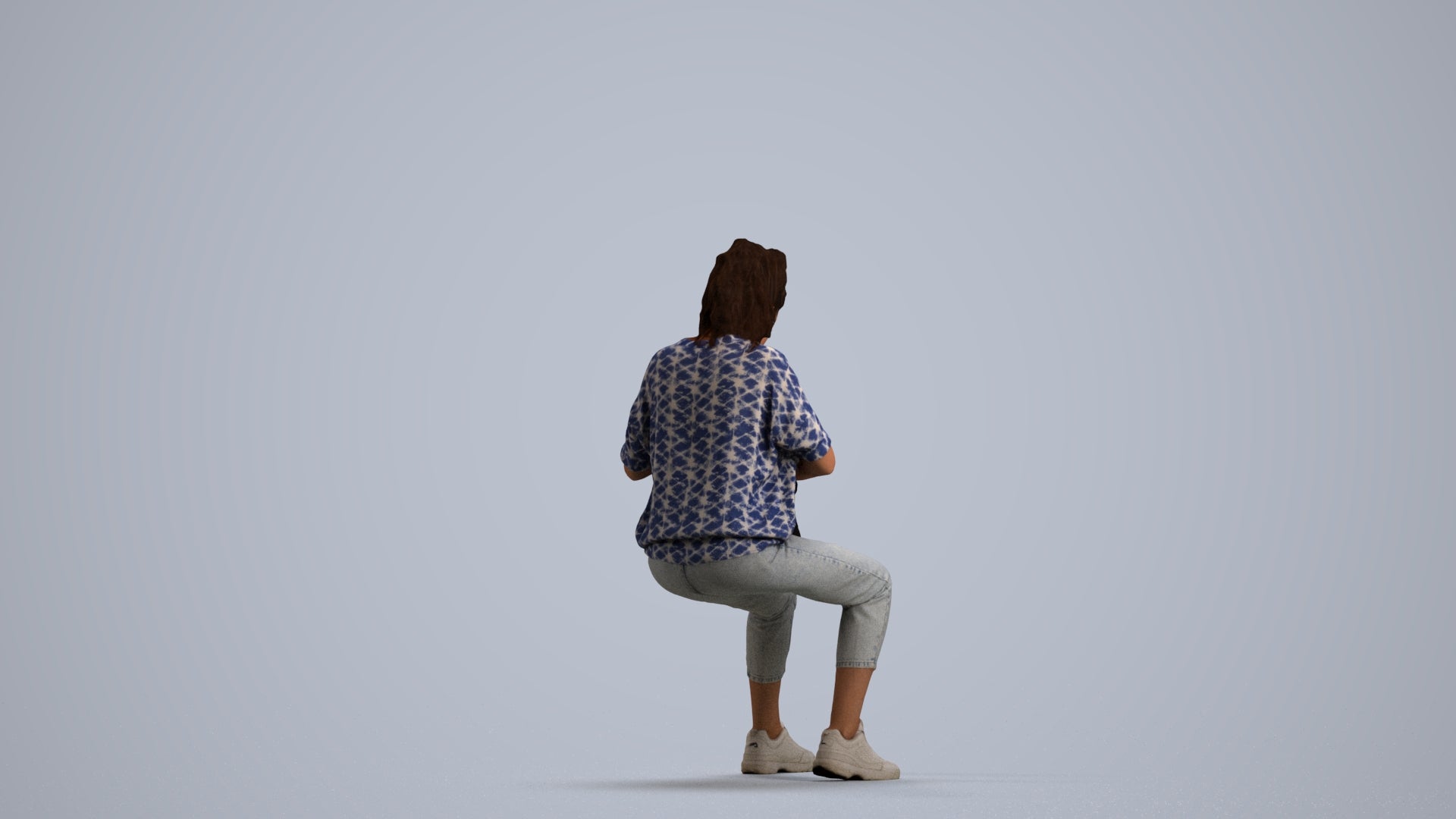 photogrammetry 3D woman casual sitting, realistic human model archviz FBX, front view render