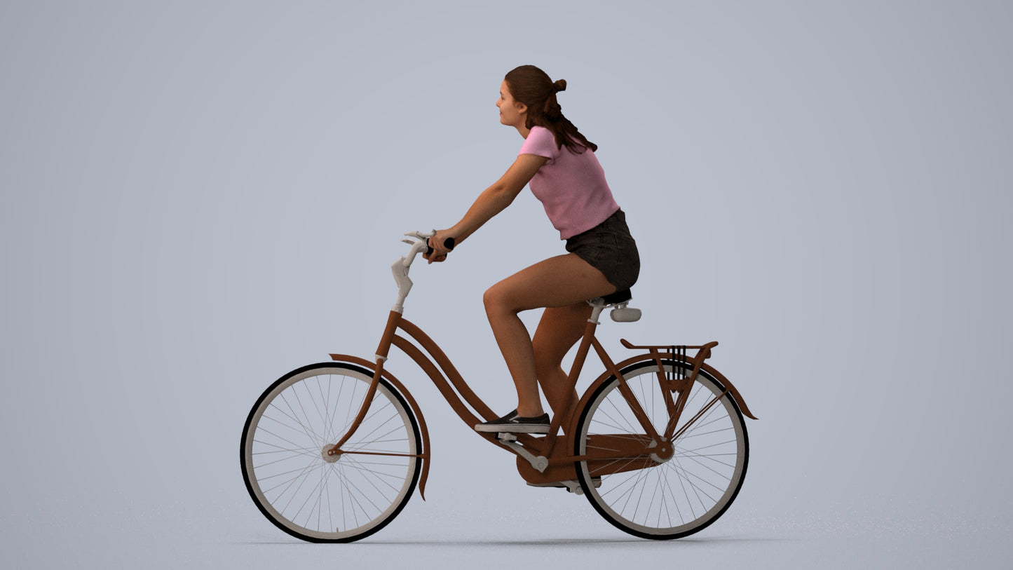 realistic 3D human girl casual cycling, archviz people FBX OBJ for Blender, three-quarter view render