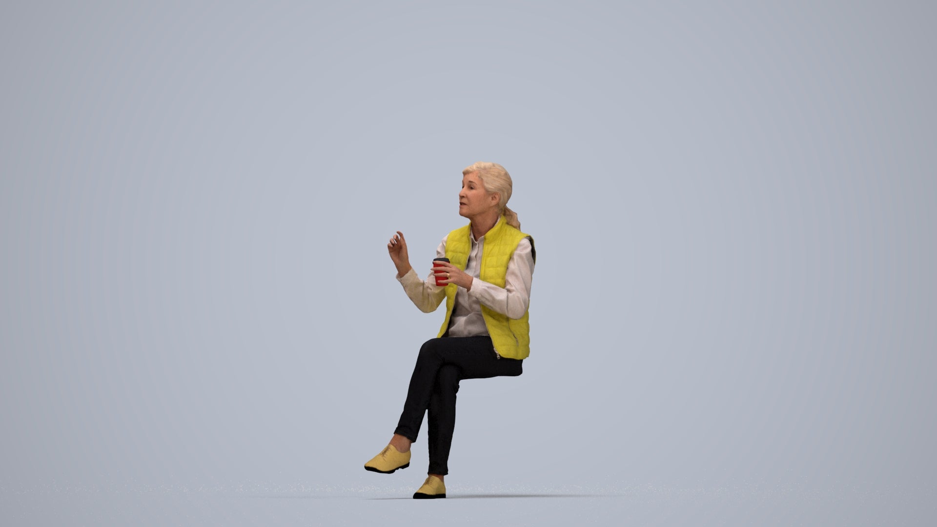 realistic 3D people senior woman casual sitting, render-ready for V-Ray and Corona, FBX OBJ, top-down view render