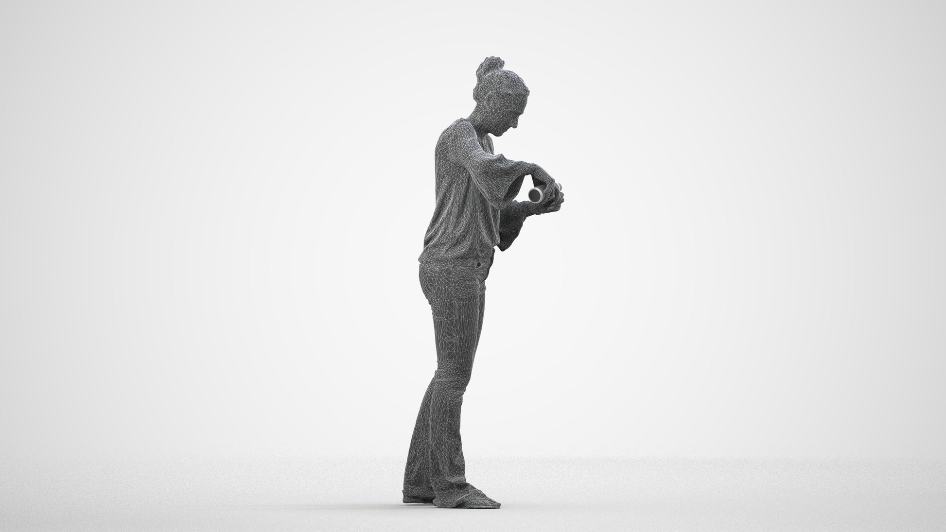 3D scanned woman standing casual, photorealistic archviz people for Enscape and SketchUp, wireframe side view