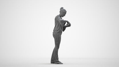 3D scanned woman standing casual, photorealistic archviz people for Enscape and SketchUp, wireframe side view