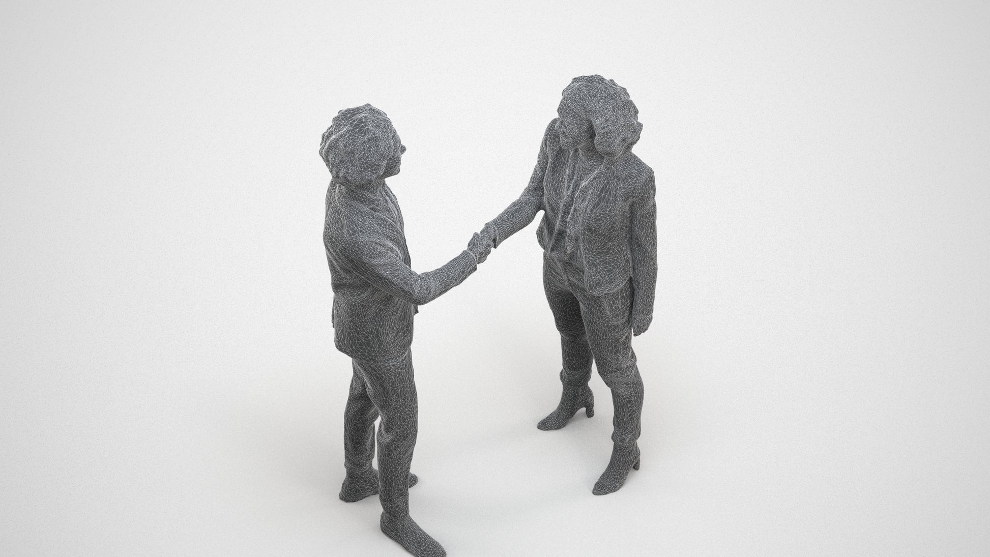3D human model woman business, photogrammetry scanned person for archviz, wireframe three-quarter view