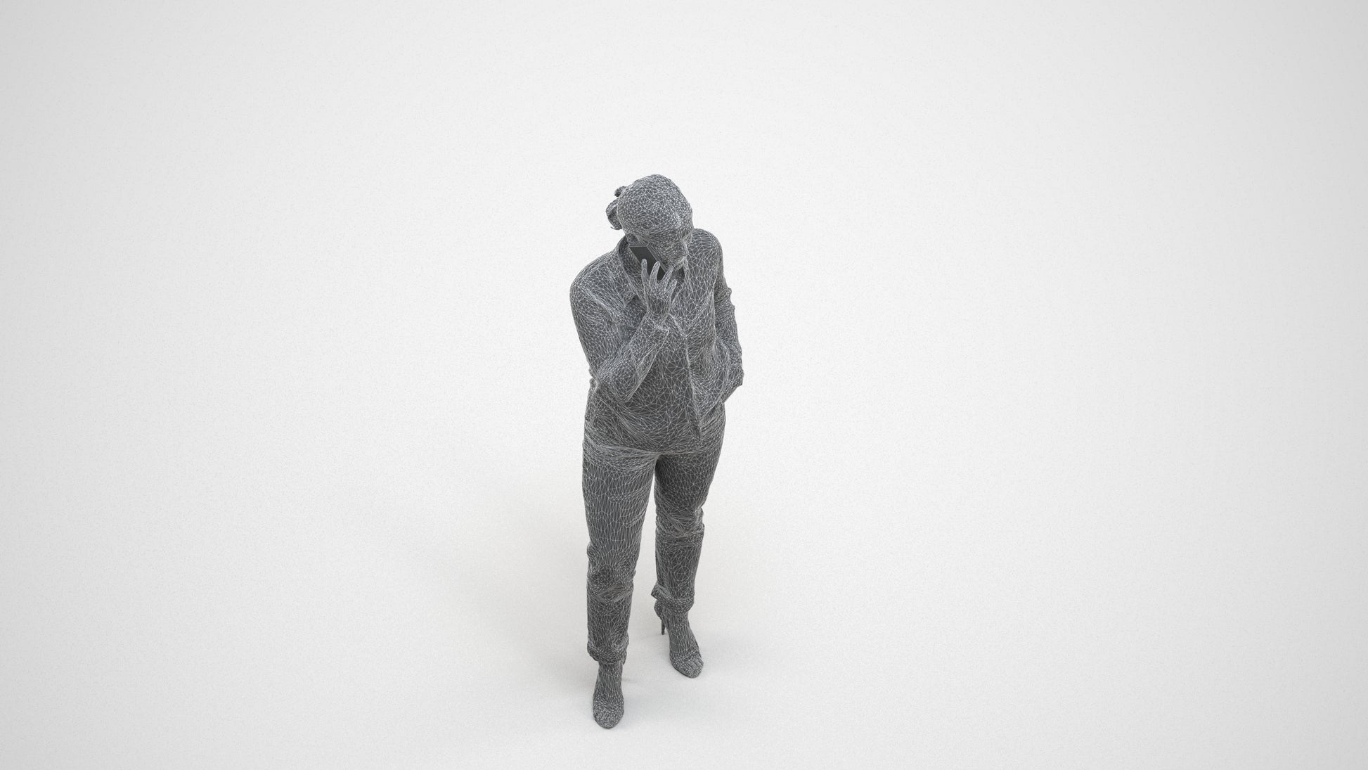 3D scanned woman standing casual, photorealistic archviz people for Enscape and SketchUp, wireframe three-quarter view