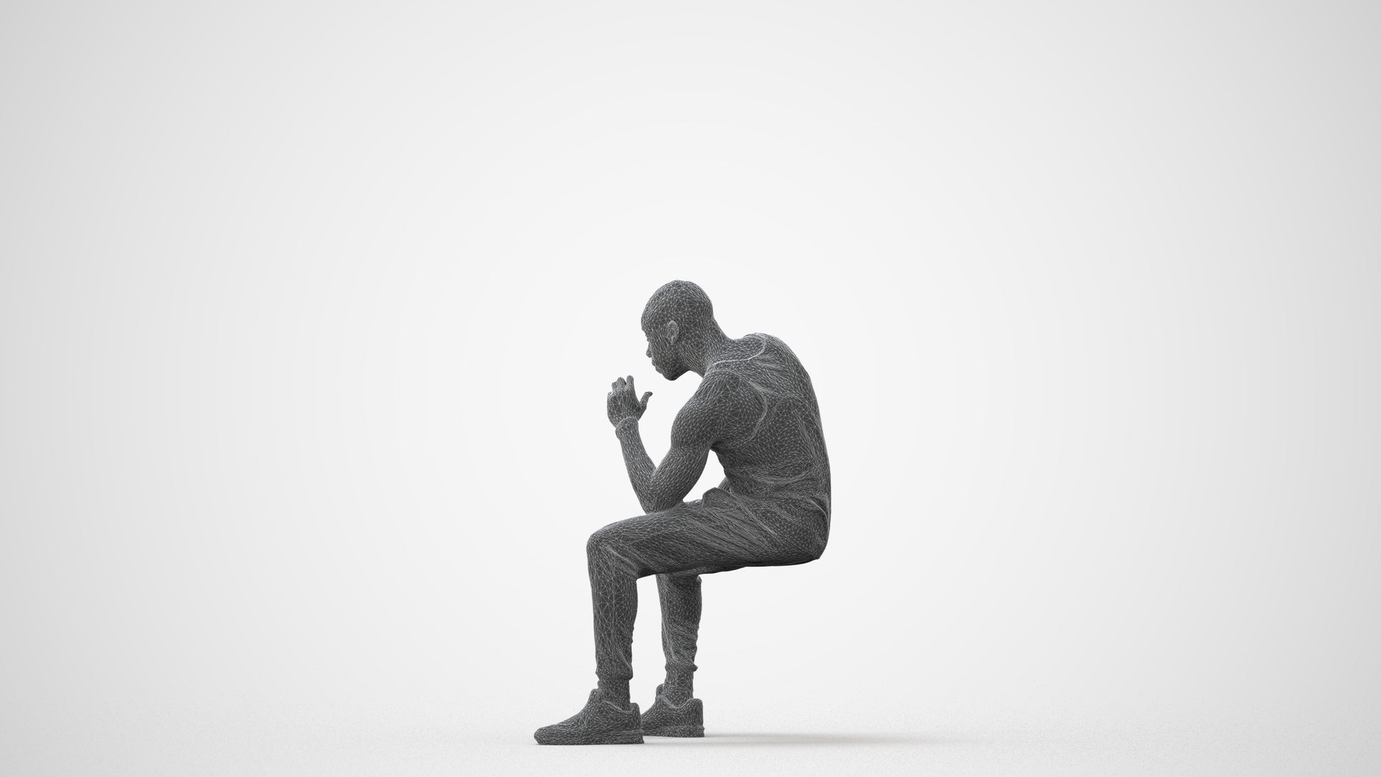 3D human model man casual sitting, photogrammetry scanned person for archviz, square thumbnail