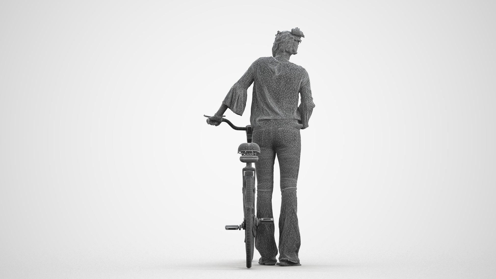 realistic 3D people woman casual cycling, render-ready for V-Ray and Corona, FBX OBJ, wireframe front view