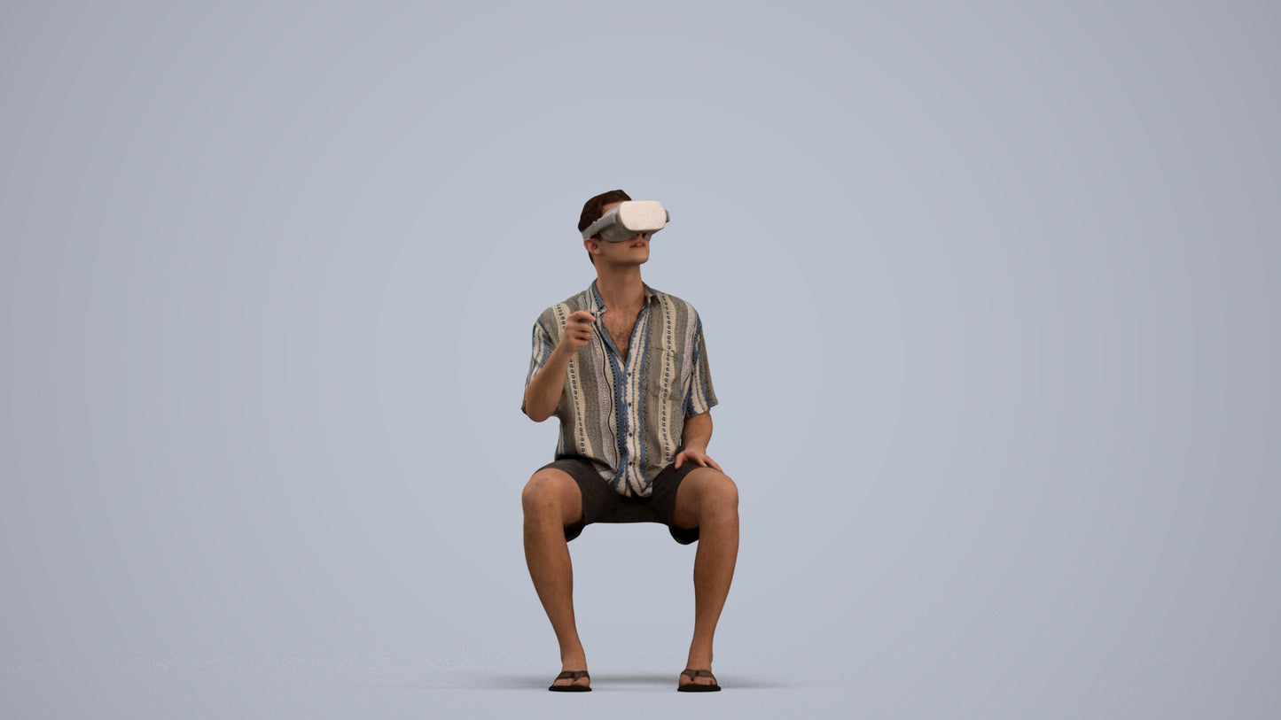 3D human model man casual sitting, photogrammetry scanned person for archviz, standing pose render