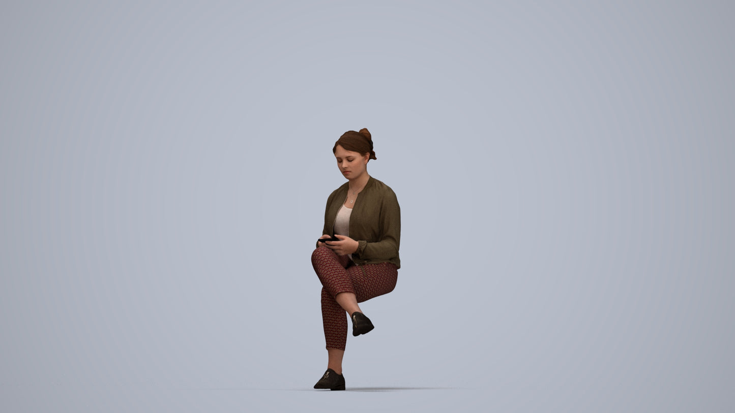 scanned 3D woman casual sitting, photogrammetry people for Enscape and V-Ray, top-down view render