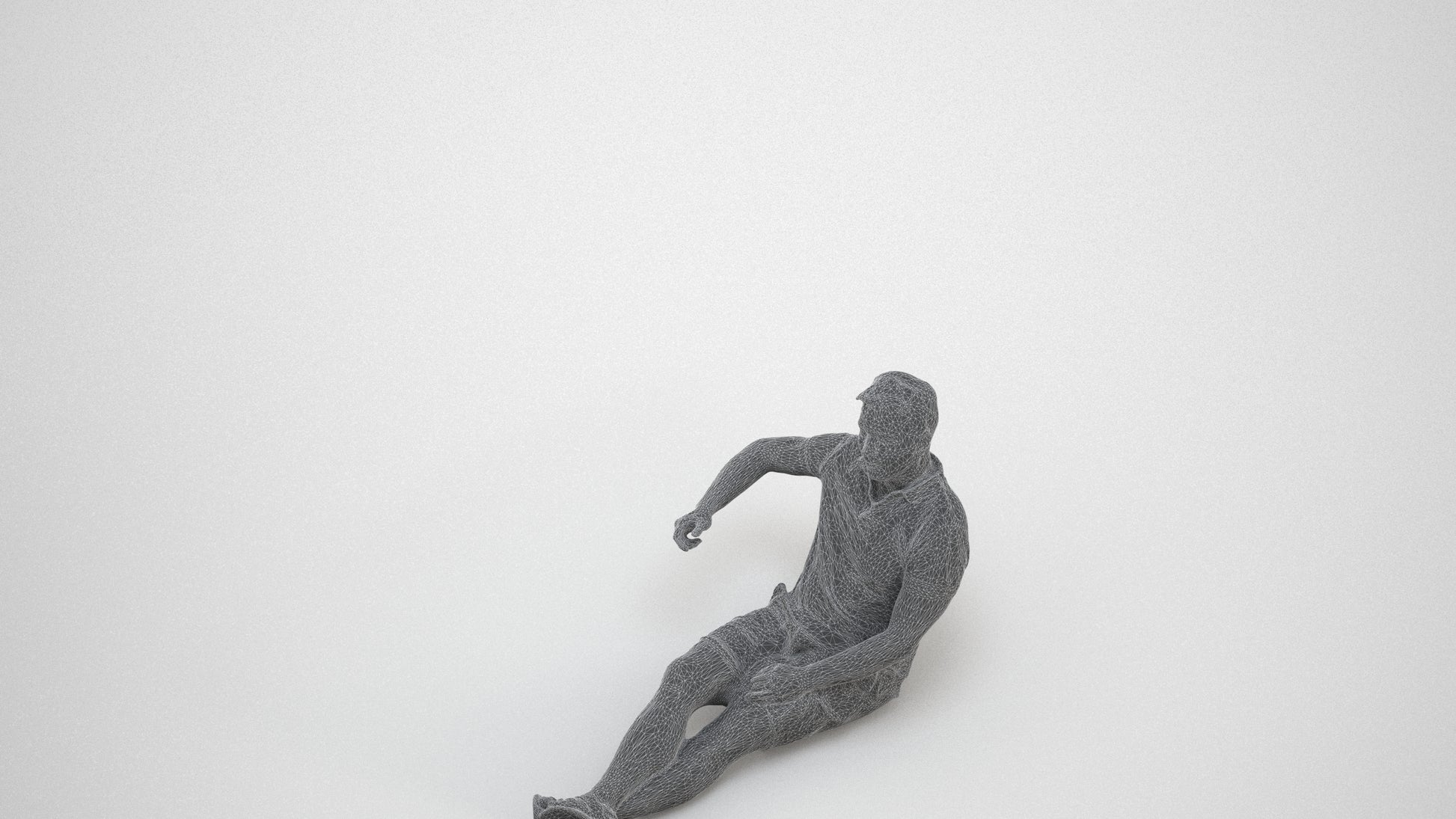 3D people model man casual sitting, scanned human for 3ds Max rendering, wireframe three-quarter view
