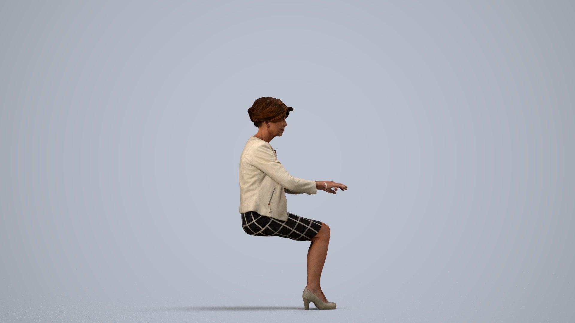 photogrammetry 3D woman business sitting, realistic human model archviz FBX, side view render