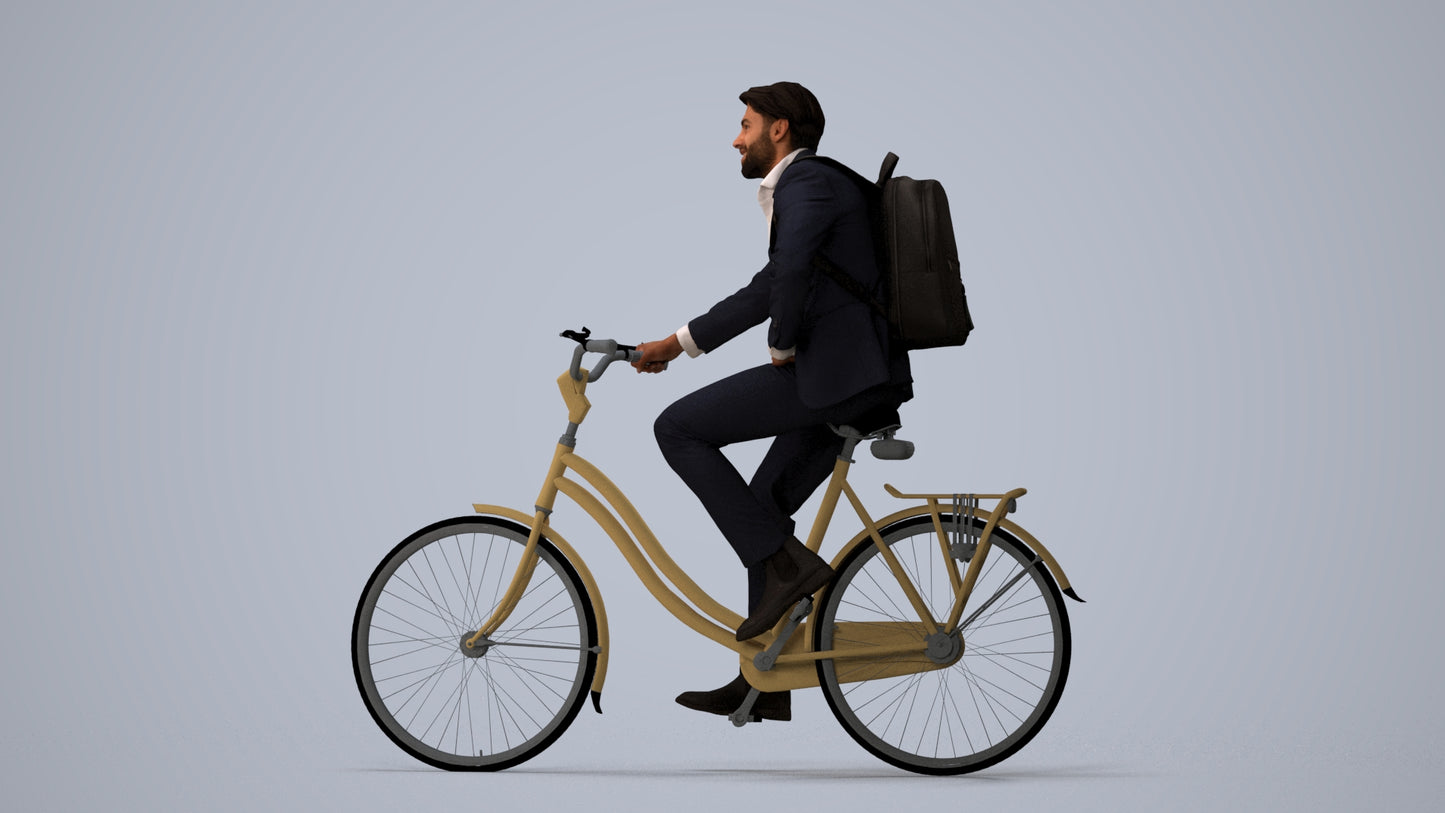 3D people model man business cycling, scanned human for 3ds Max rendering, three-quarter view render