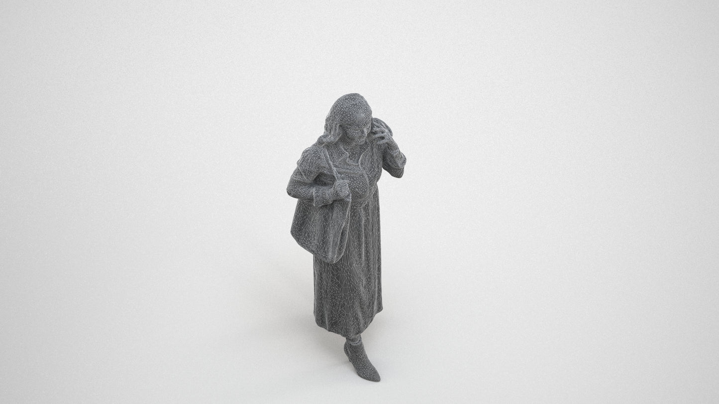 3D human model woman casual walking, photogrammetry scanned person for archviz, wireframe three-quarter view