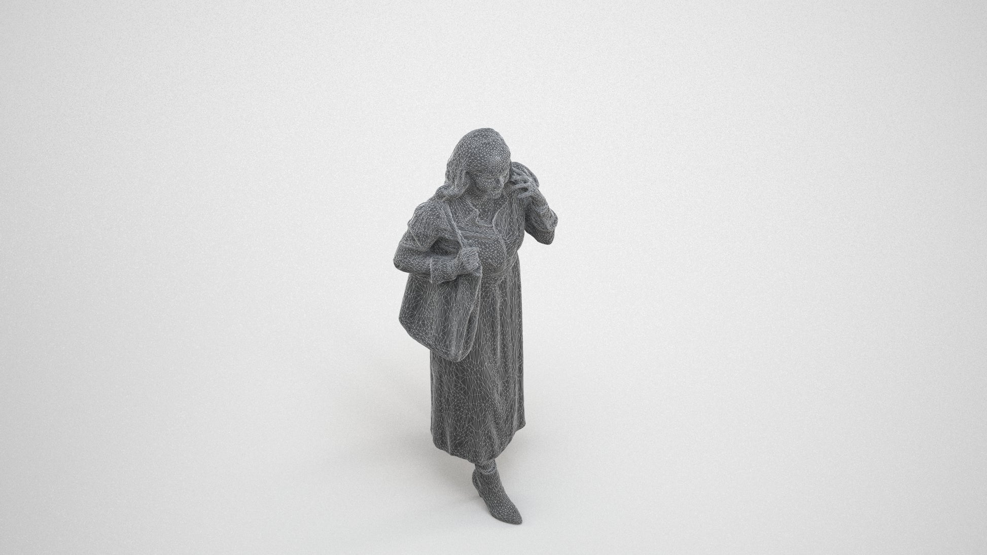3D human model woman casual walking, photogrammetry scanned person for archviz, wireframe three-quarter view