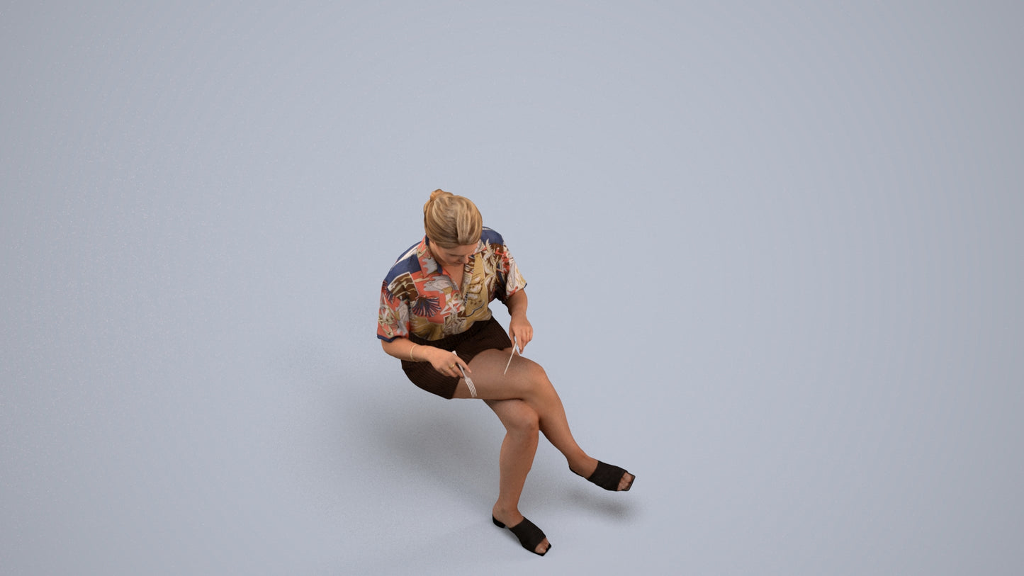 photogrammetry 3D woman casual sitting, realistic human model archviz FBX, back view render