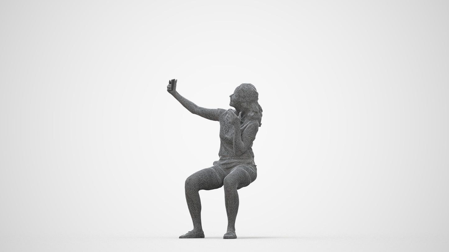 scanned 3D woman casual sitting, photogrammetry people for Enscape and V-Ray, wireframe back view