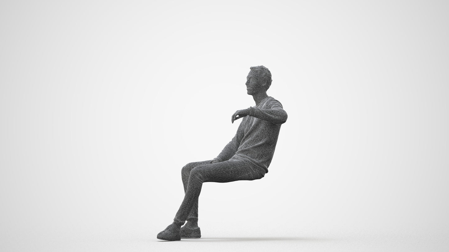photogrammetry 3D man casual sitting, realistic human model archviz FBX, square thumbnail
