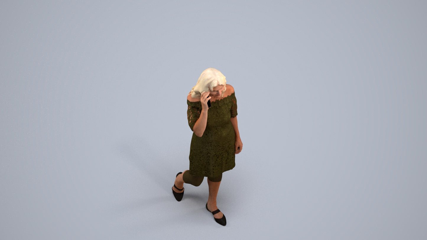 3D human model senior woman casual walking, photogrammetry scanned person for archviz, back view render