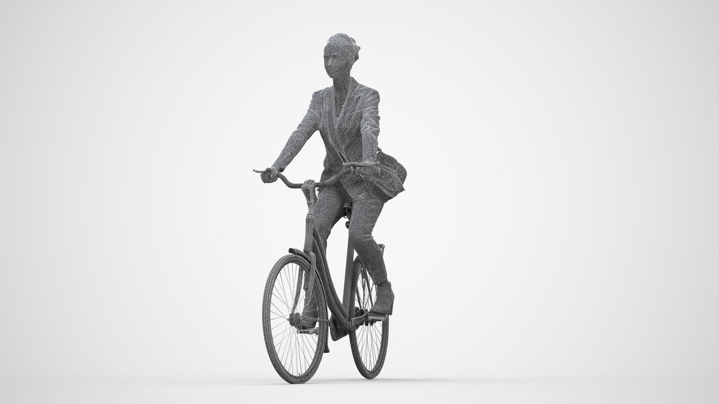 3D human model woman business cycling, photogrammetry scanned person for archviz, wireframe back view