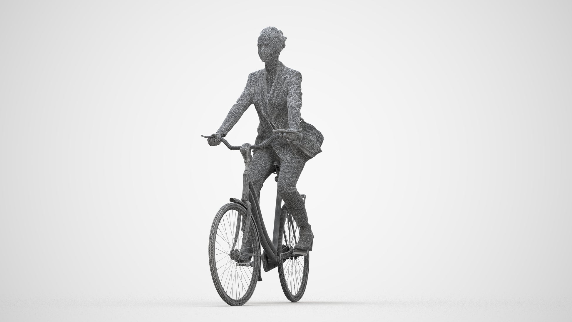 3D human model woman business cycling, photogrammetry scanned person for archviz, wireframe back view