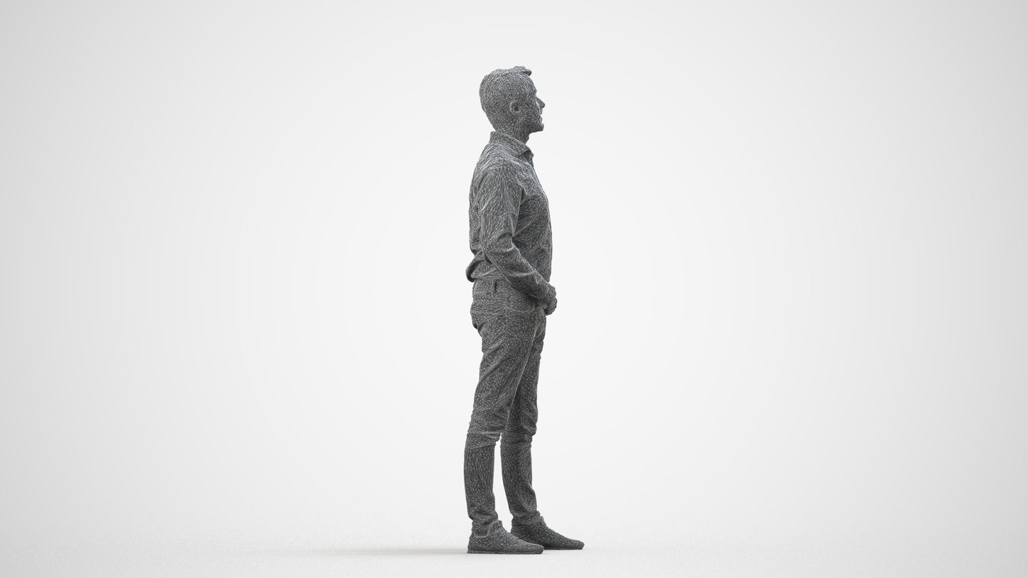 3D scanned man standing business, photorealistic archviz people for Enscape and SketchUp, wireframe side view