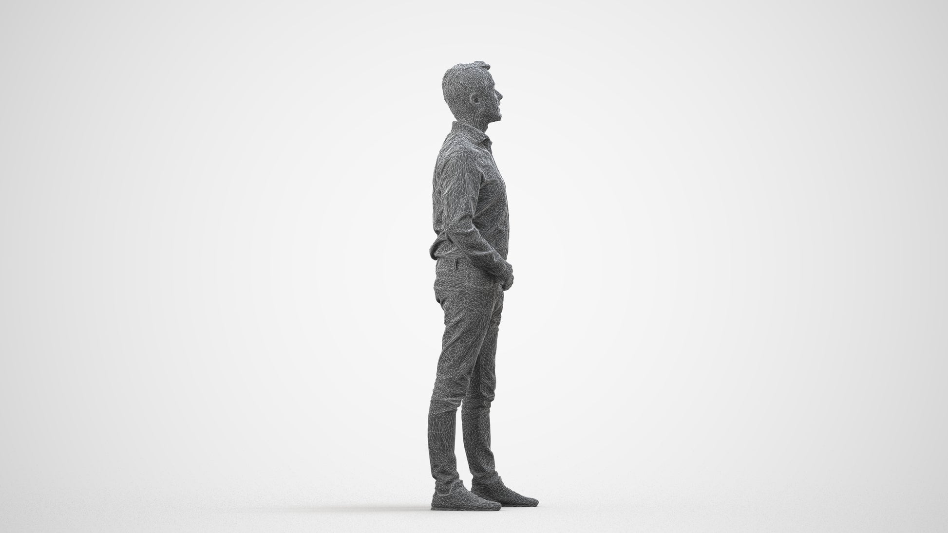 3D scanned man standing business, photorealistic archviz people for Enscape and SketchUp, wireframe side view