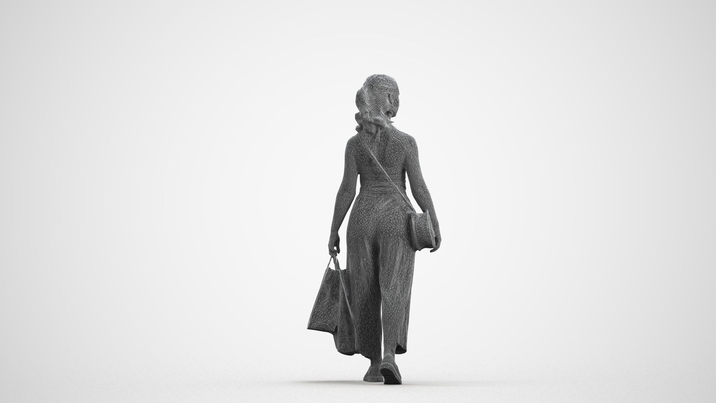 3D people model girl casual shopping, scanned human for 3ds Max rendering, wireframe front view