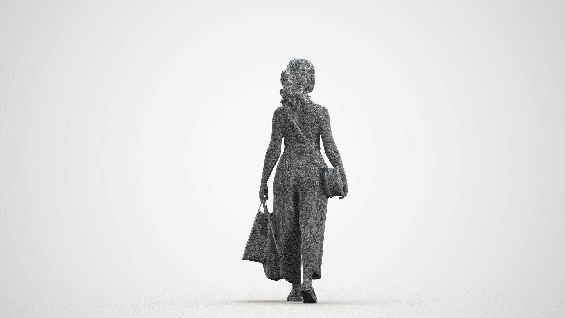 3D people model girl casual shopping, scanned human for 3ds Max rendering, wireframe front view