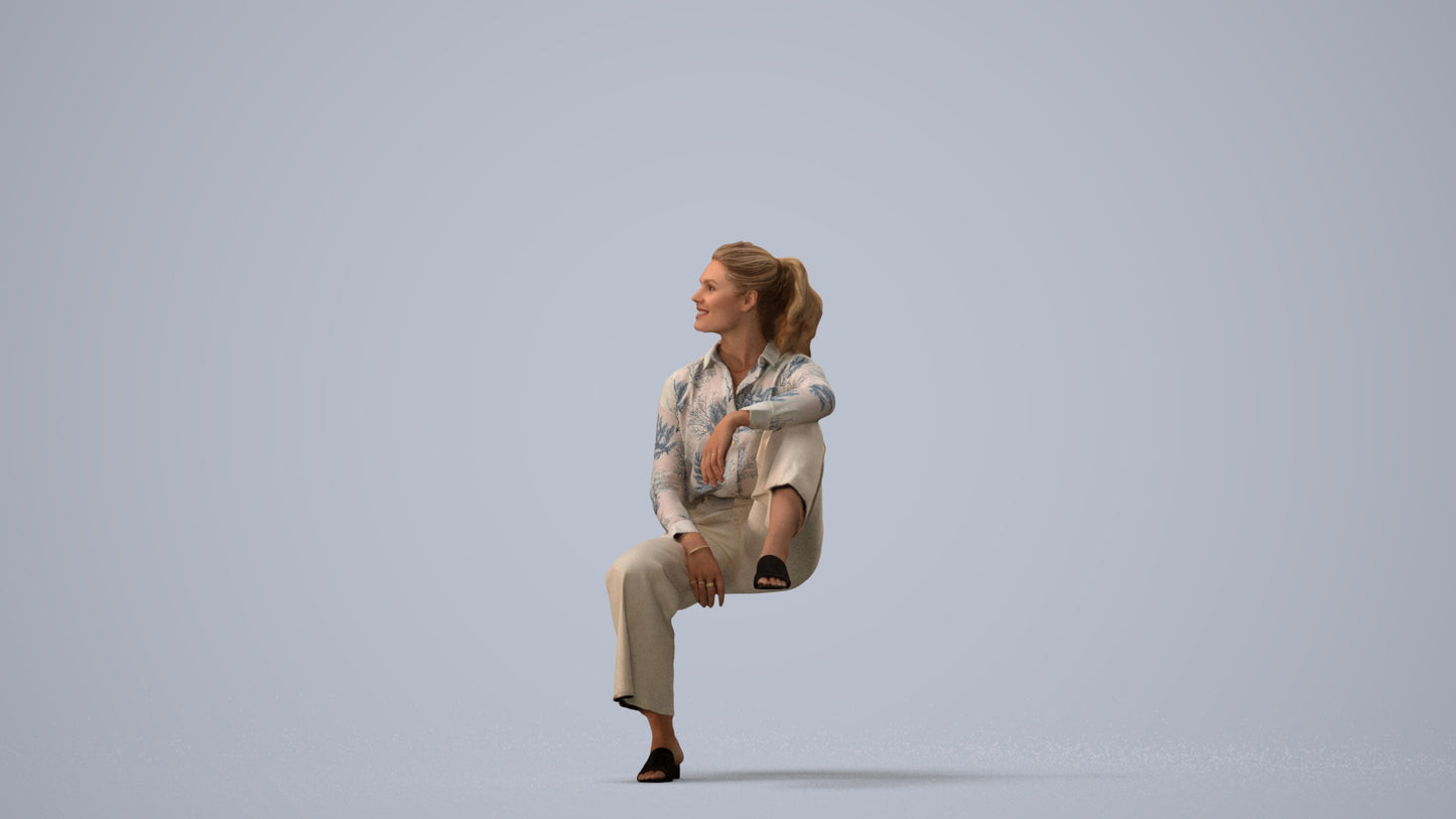 scanned 3D woman casual sitting, photogrammetry people for Enscape and V-Ray, three-quarter view render