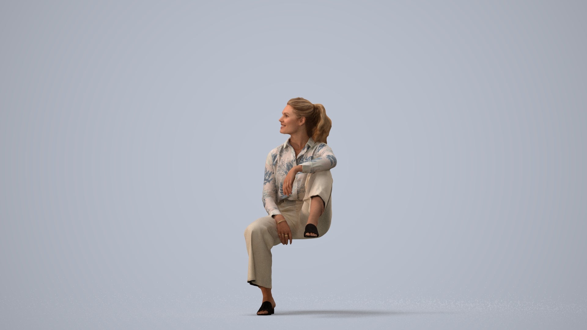 scanned 3D woman casual sitting, photogrammetry people for Enscape and V-Ray, three-quarter view render