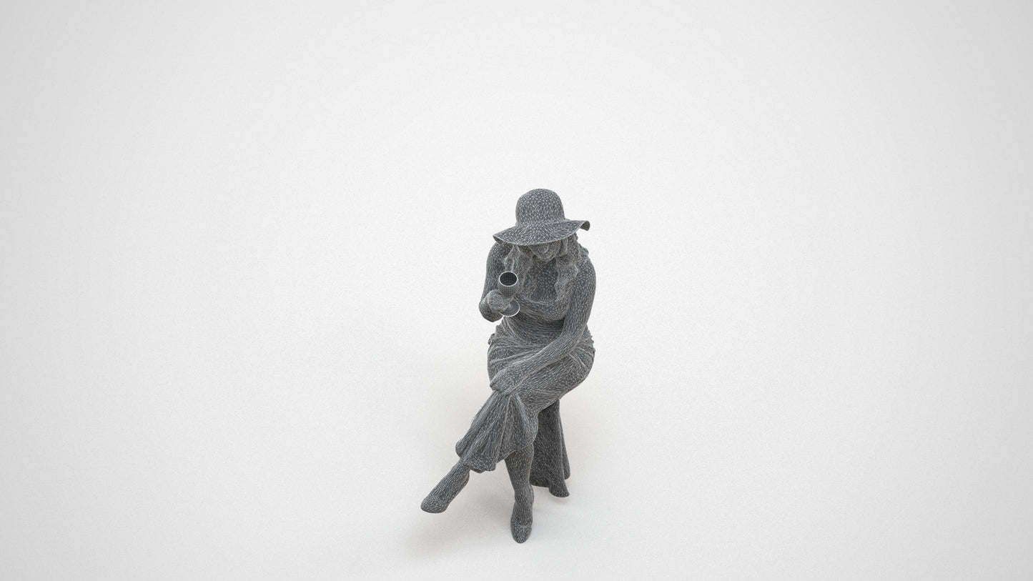 3D human model woman casual sitting, photogrammetry scanned person for archviz, wireframe three-quarter view