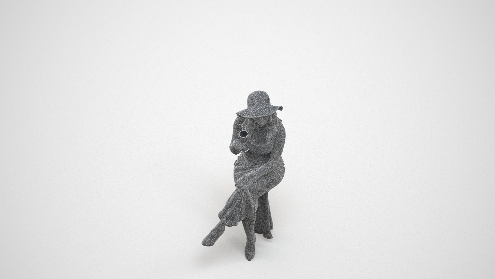 3D human model woman casual sitting, photogrammetry scanned person for archviz, wireframe three-quarter view